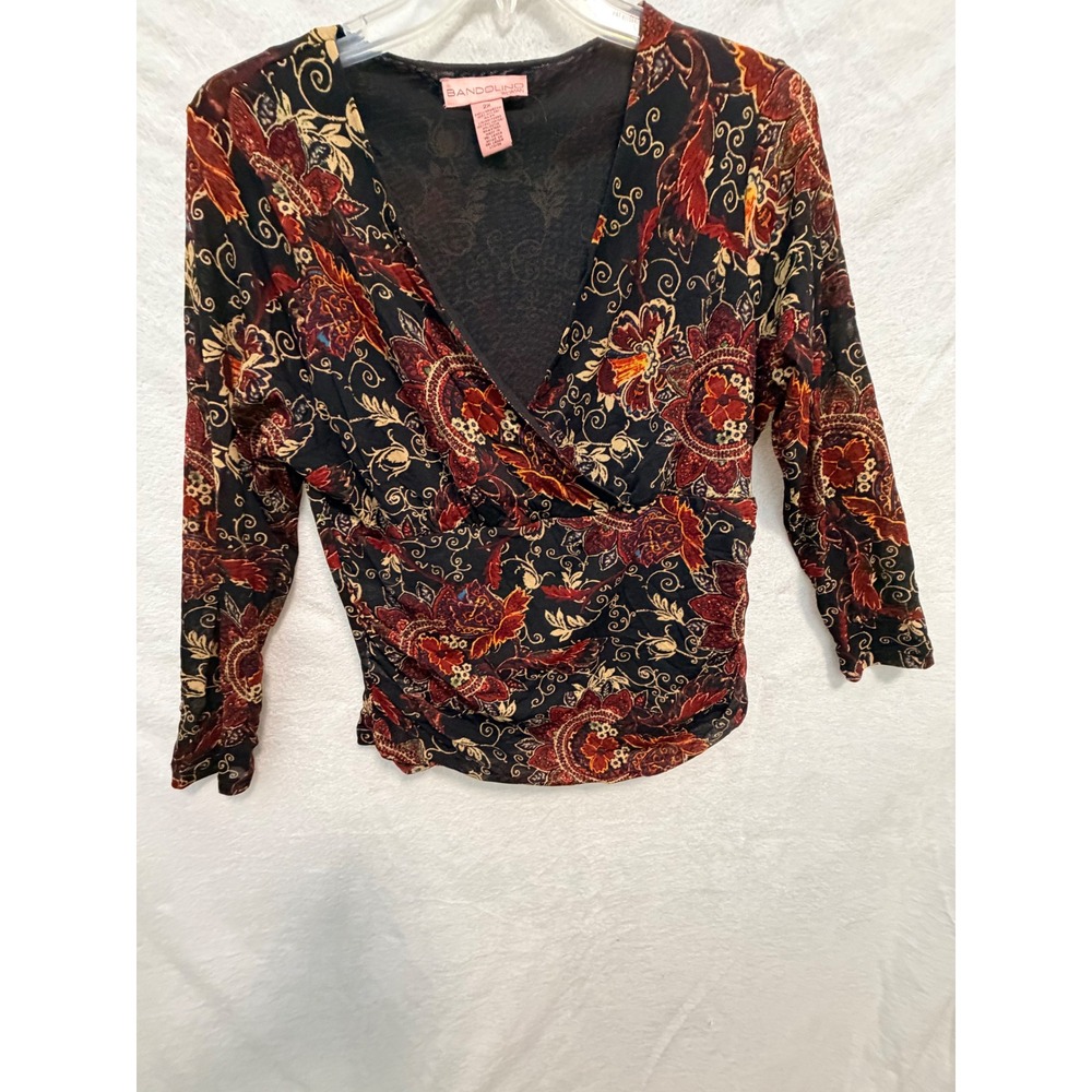 Bandolino Woman Floral Paisley Mesh Faux Wrap Top 2X Black Burgundy 3/4 Sleeve